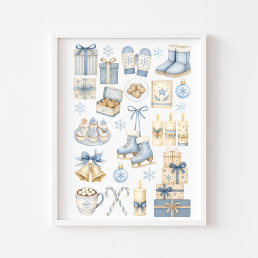 Cosy Winter print, light blue beige Christmas mood board unframed wall art poster print