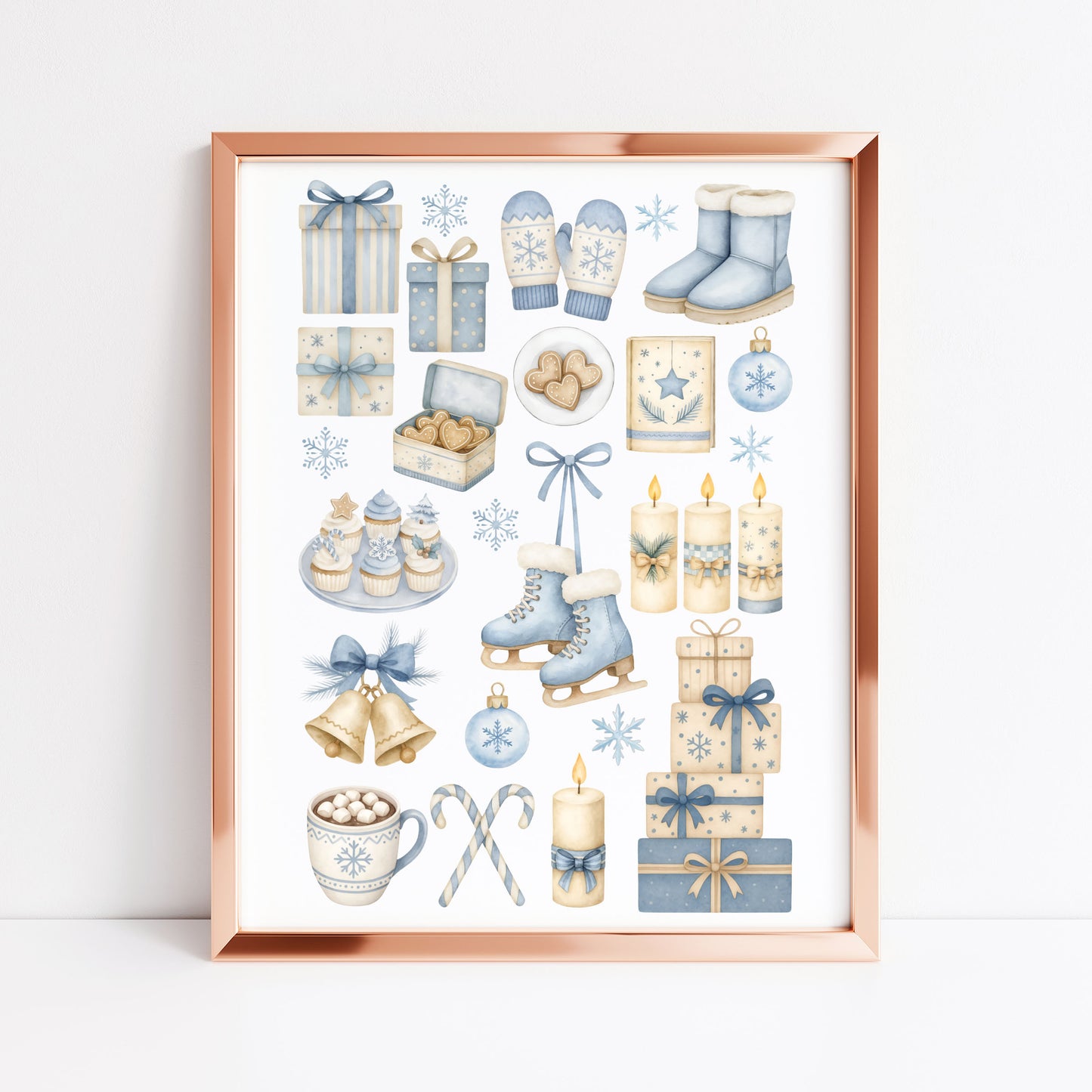 Cosy Winter print, light blue beige Christmas mood board unframed wall art poster print