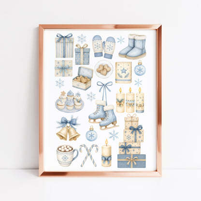 Cosy Winter print, light blue beige Christmas mood board unframed wall art poster print