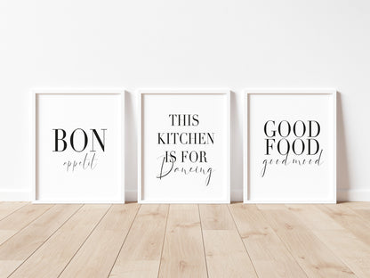 Set of 3 bon appetit, good food good mood, this kitchen is for dancing unframed wall art poster prints