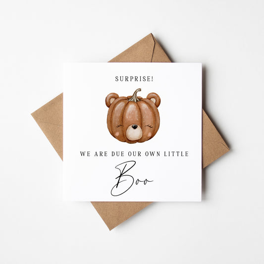 Baby Boo due, Surprise fall pumpkin Autumn seasonal surprise baby bear announcement card with envelope, new baby due,  baby boo due card