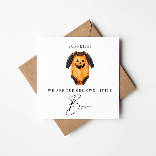 Surprise Pumpkin Baby Announcement Card 'Baby Boo Due' Halloween baby outfit with envelope