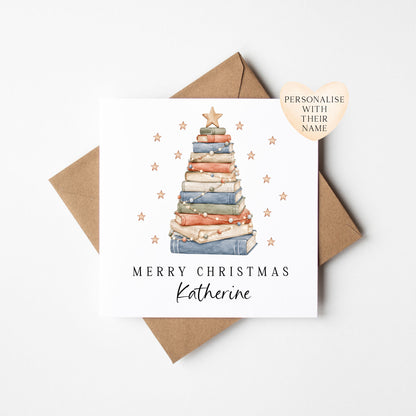 Christmas Card personalised festive boho book stack xmas tree with envelope
