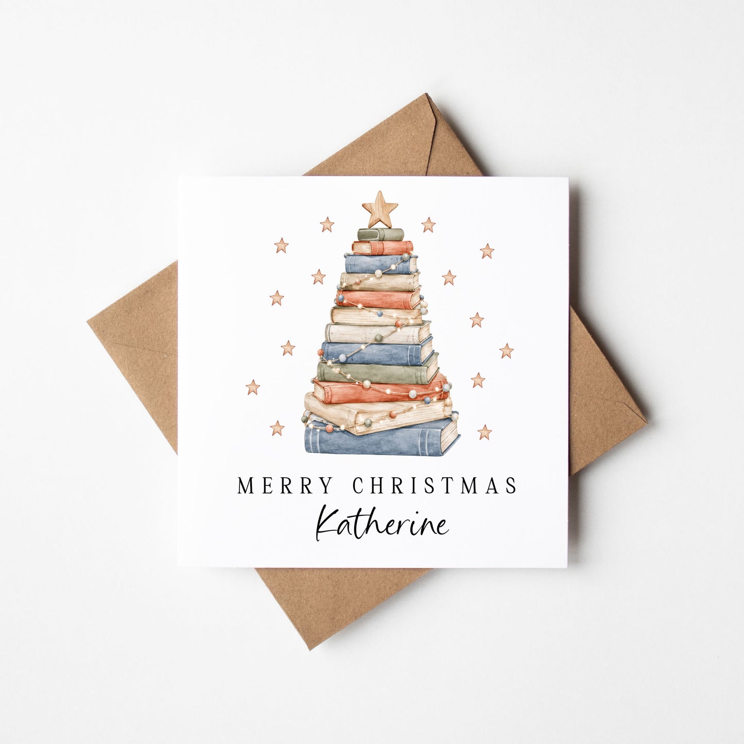 Christmas Card personalised festive boho book stack xmas tree with envelope