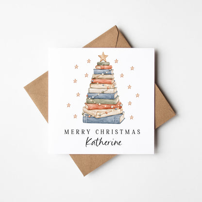 Christmas Card personalised festive boho book stack xmas tree with envelope