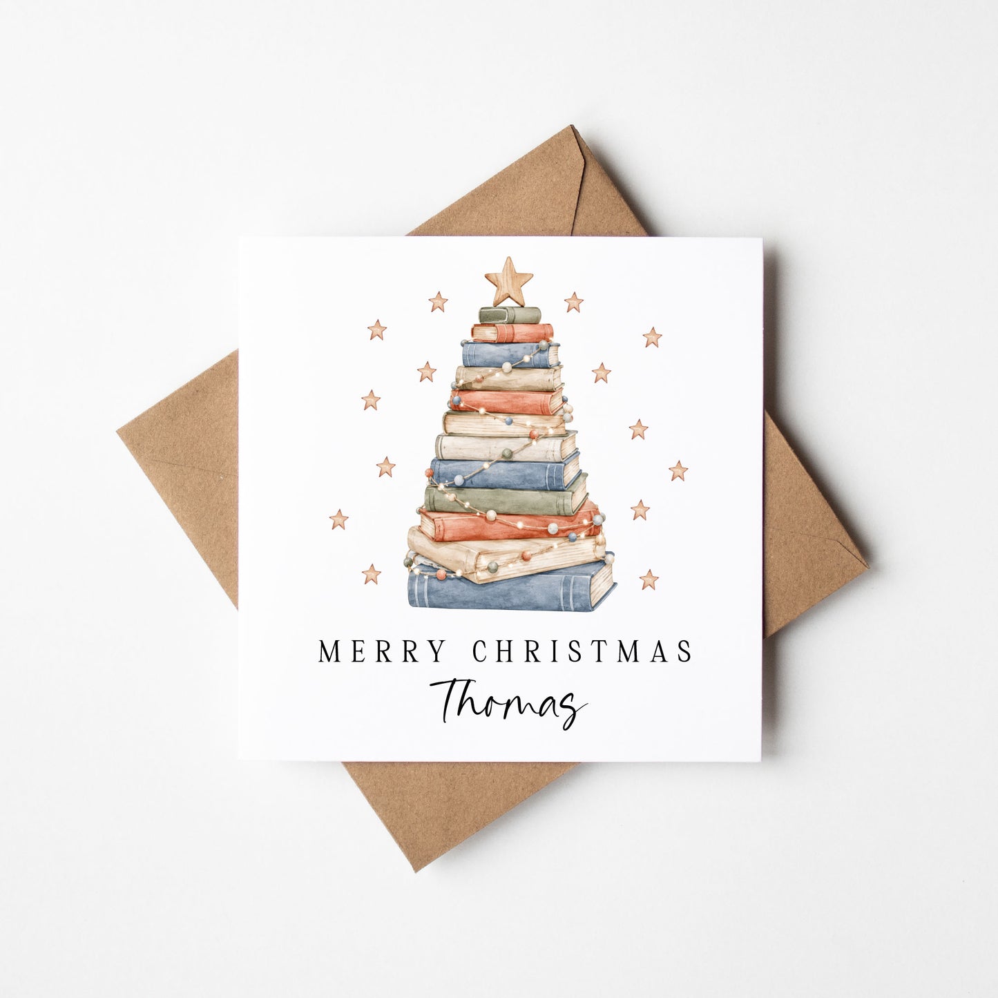 Christmas Card personalised festive boho book stack xmas tree with envelope