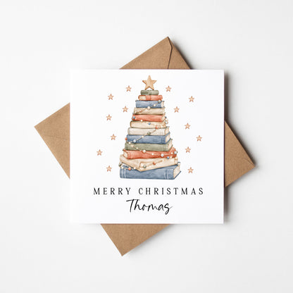 Christmas Card personalised festive boho book stack xmas tree with envelope