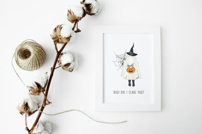 BOO did I scare you, ghost trick or treat illustration watercolour seasonal unframed wall art poster print