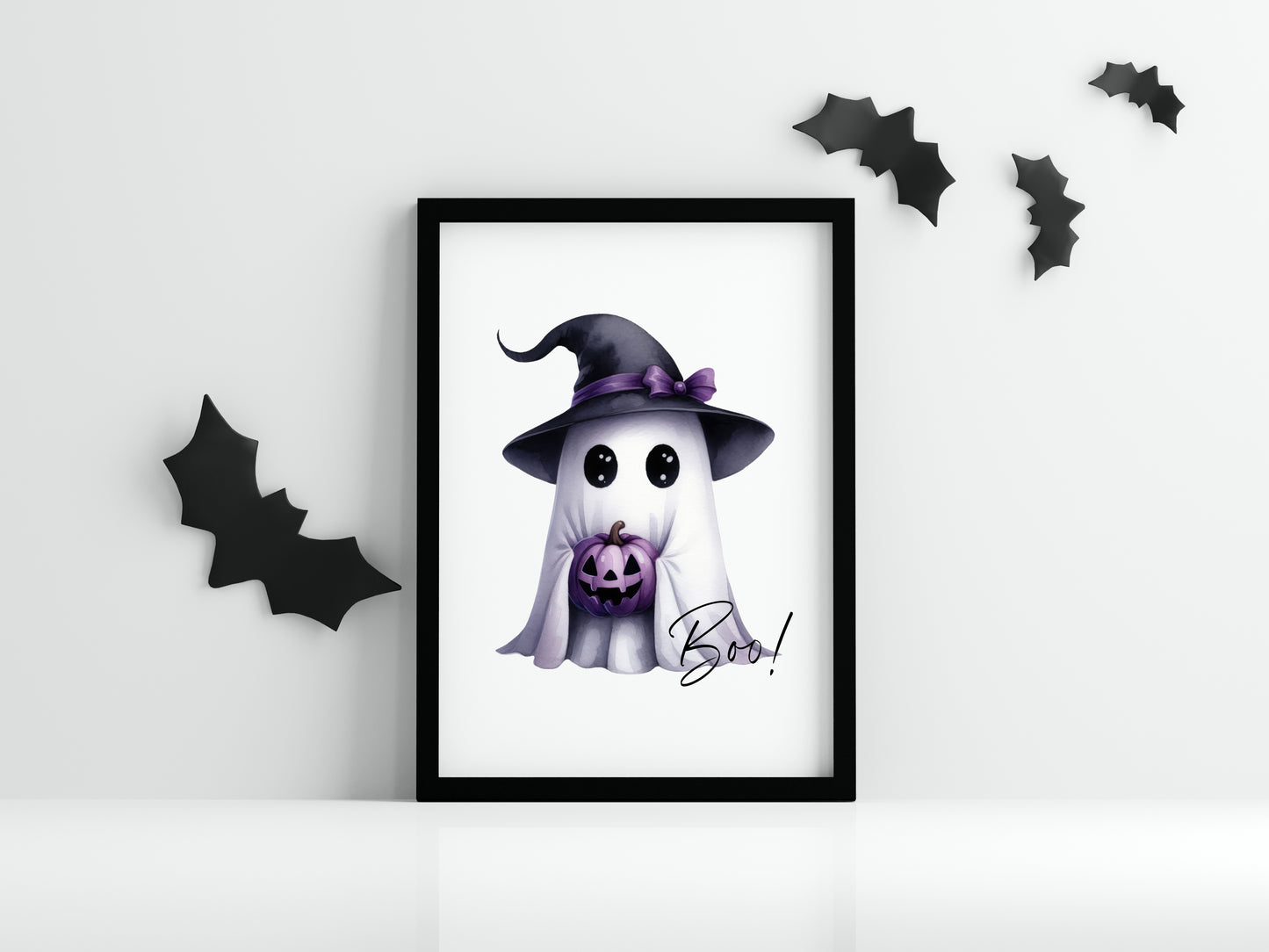 Boo cute purple watercolour ghost witch hat seasonal unframed wall art poster print print