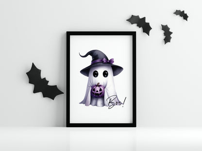 Boo cute purple watercolour ghost witch hat seasonal unframed wall art poster print print