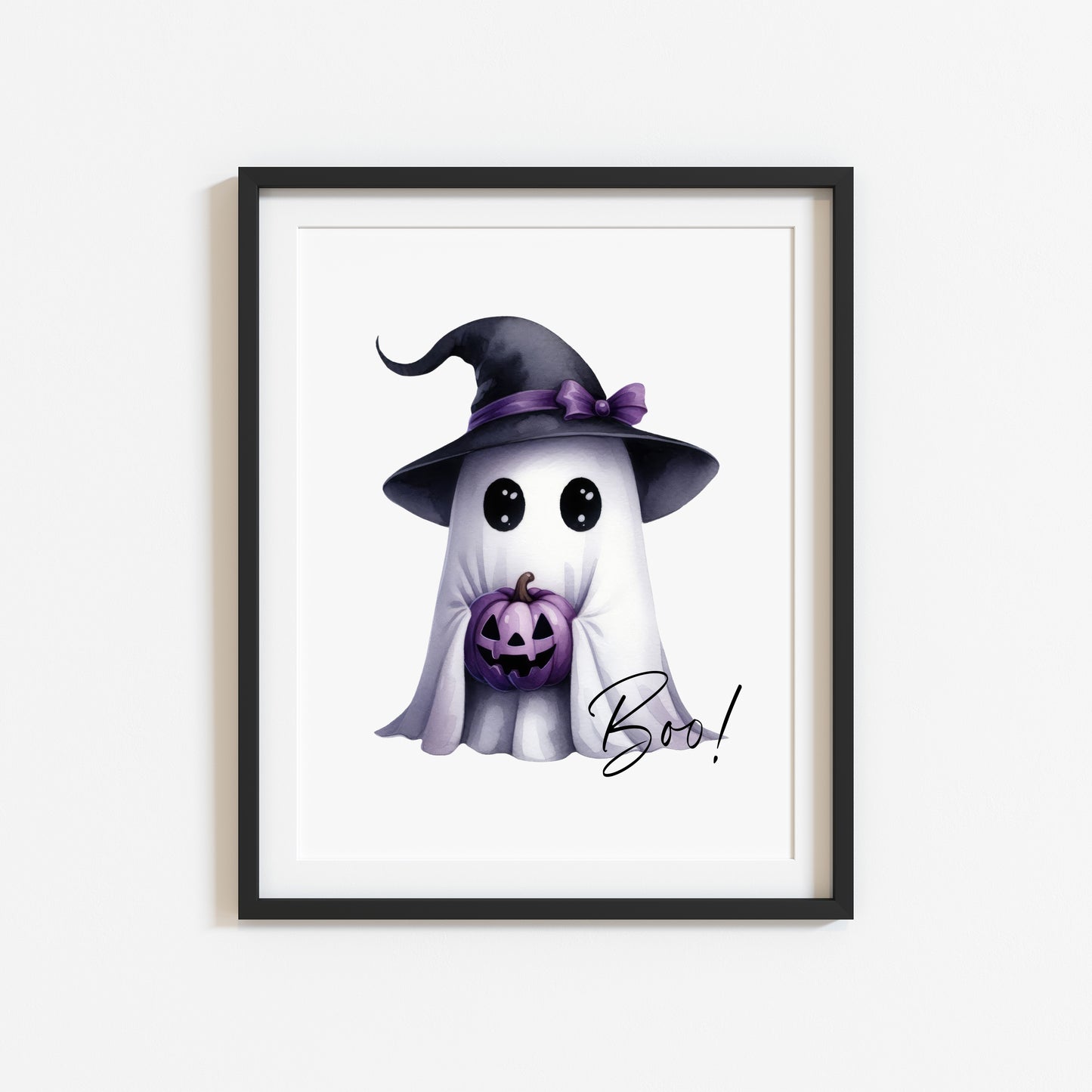 Boo cute purple watercolour ghost witch hat seasonal unframed wall art poster print print