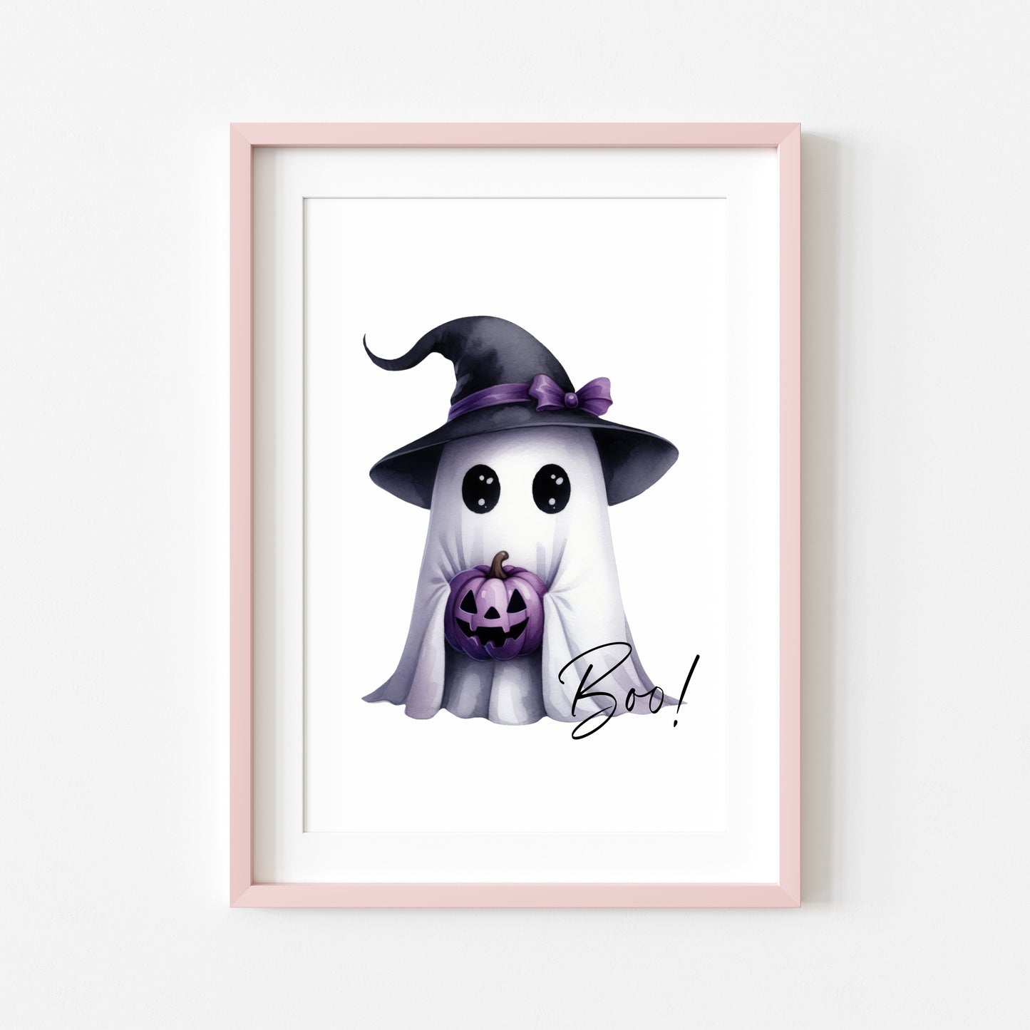 Boo cute purple watercolour ghost witch hat seasonal unframed wall art poster print print