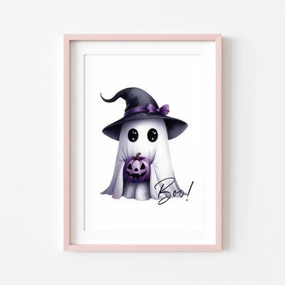 Boo cute purple watercolour ghost witch hat seasonal unframed wall art poster print print