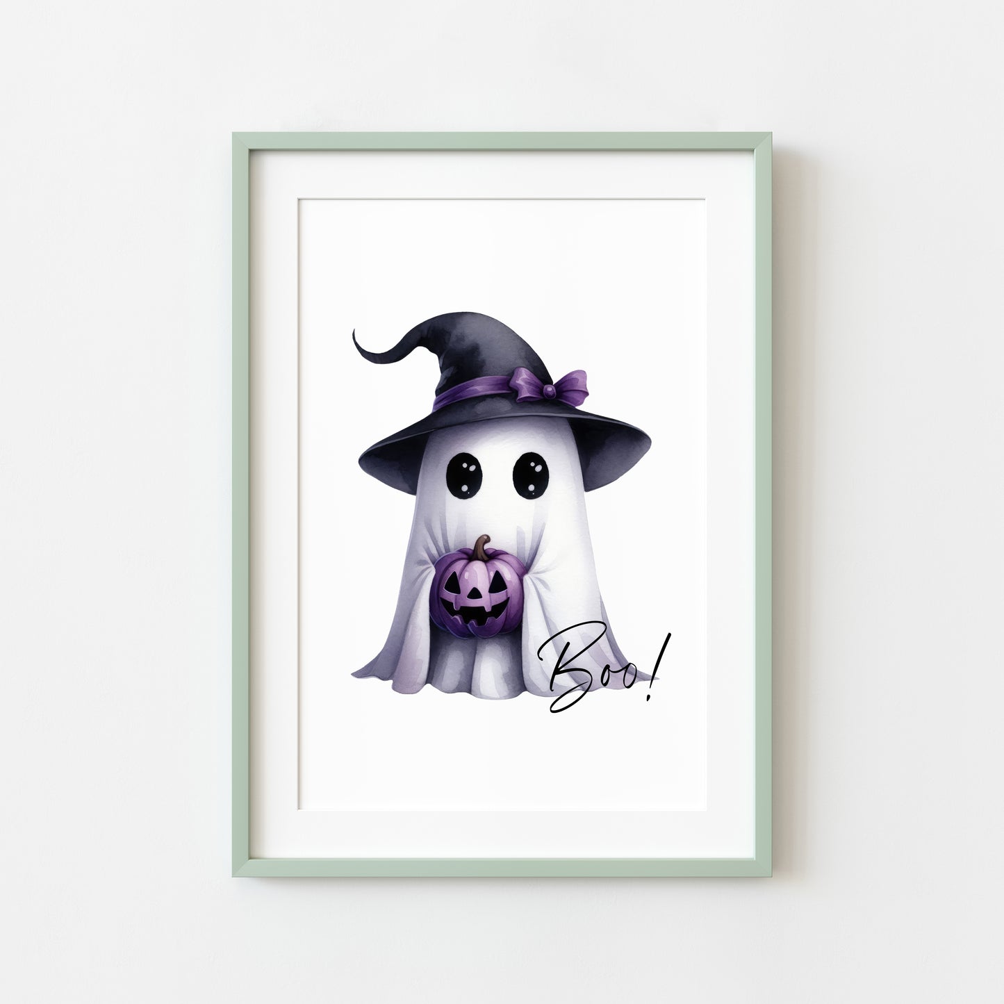 Boo cute purple watercolour ghost witch hat seasonal unframed wall art poster print print
