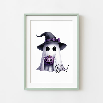 Boo cute purple watercolour ghost witch hat seasonal unframed wall art poster print print