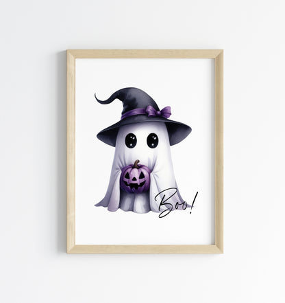 Boo cute purple watercolour ghost witch hat seasonal unframed wall art poster print print