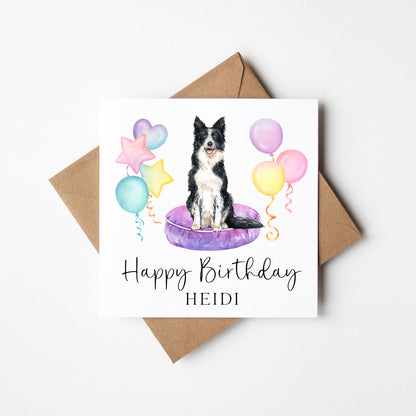 Personalised Border Collie Birthday card, custom dog & balloons Collie lover birthday card