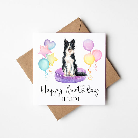 Personalised Border Collie Birthday card, custom dog & balloons Collie lover birthday card