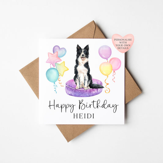 Personalised Border Collie Birthday card, custom dog & balloons Collie lover birthday card