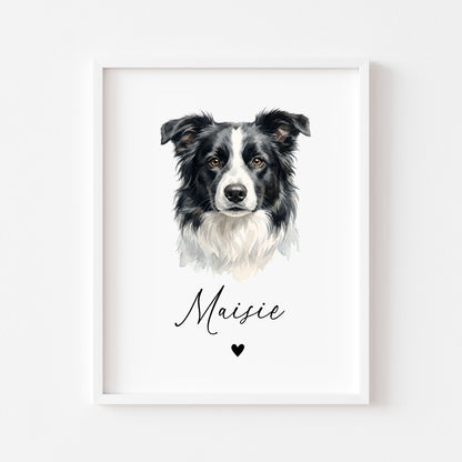 Personalised Border Collie Dog Print Custom Name Pet portrait watercolour unframed wall art poster