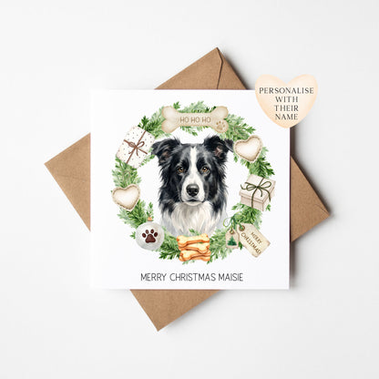 Personalised Dog Christmas card, Border Collie custom pet name xmas card with envelope