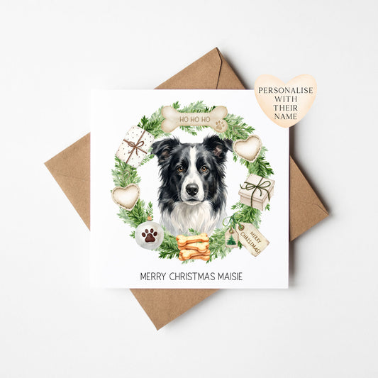Personalised Dog Christmas card, Border Collie custom pet name xmas card with envelope