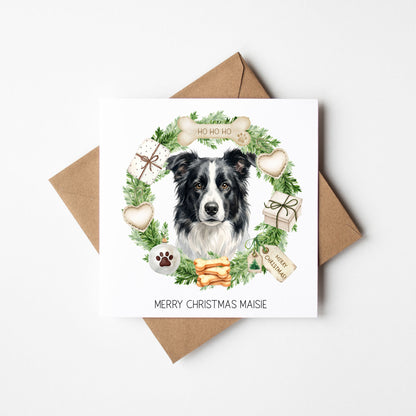 Personalised Dog Christmas card, Border Collie custom pet name xmas card with envelope