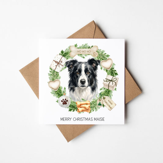 Personalised Dog Christmas card, Border Collie custom pet name xmas card with envelope