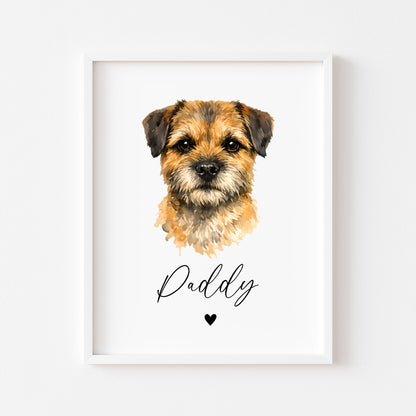 Personalised Border Terrier Dog Print Custom Name Pet portrait watercolour unframed wall art