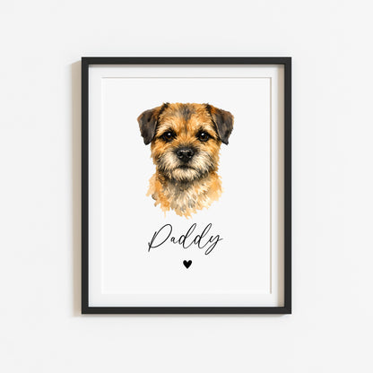 Personalised Border Terrier Dog Print Custom Name Pet portrait watercolour unframed wall art