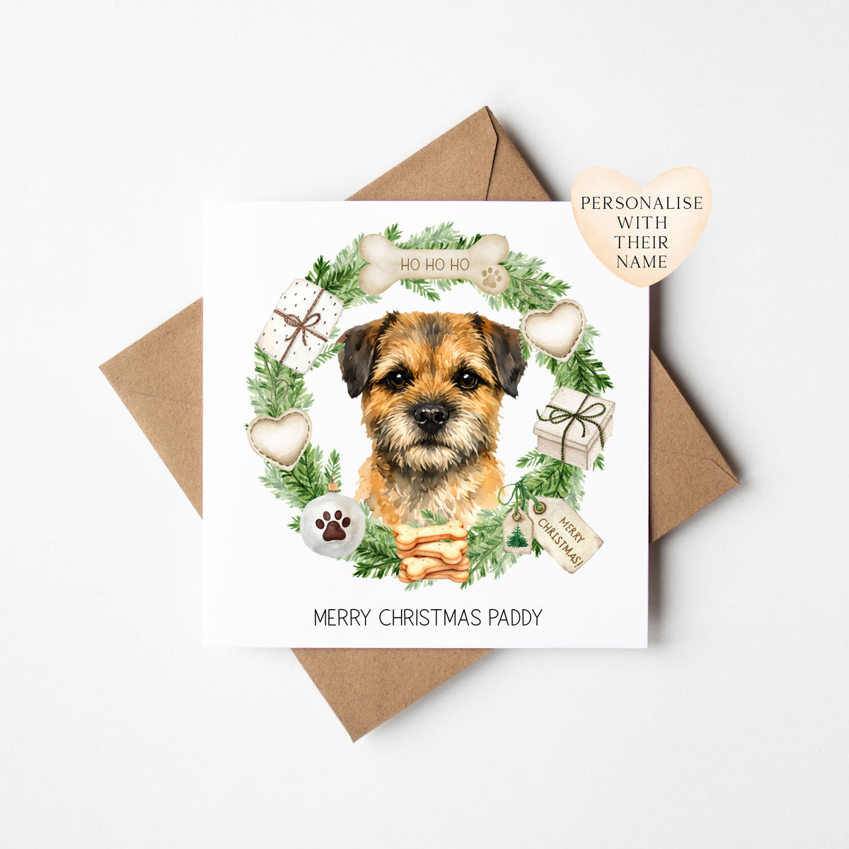 Personalised Dog Christmas card, Border Terrier custom pet name xmas card