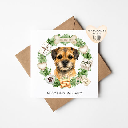 Personalised Dog Christmas card, Border Terrier custom pet name xmas card