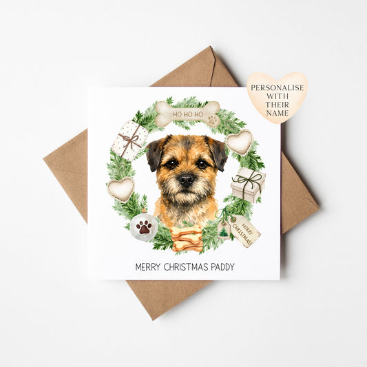 Personalised Dog Christmas card, Border Terrier custom pet name xmas card