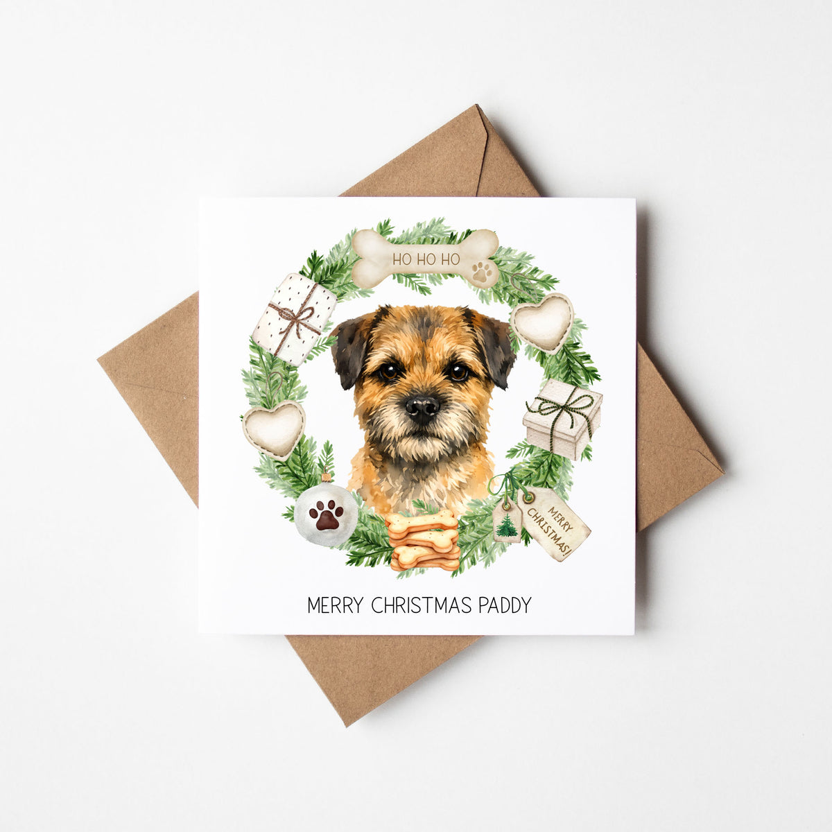 Personalised Dog Christmas card, Border Terrier custom pet name xmas card
