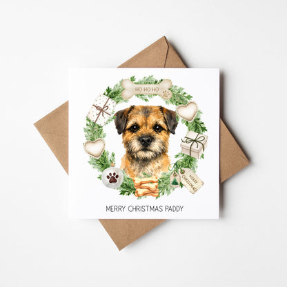 Personalised Dog Christmas card, Border Terrier custom pet name xmas card