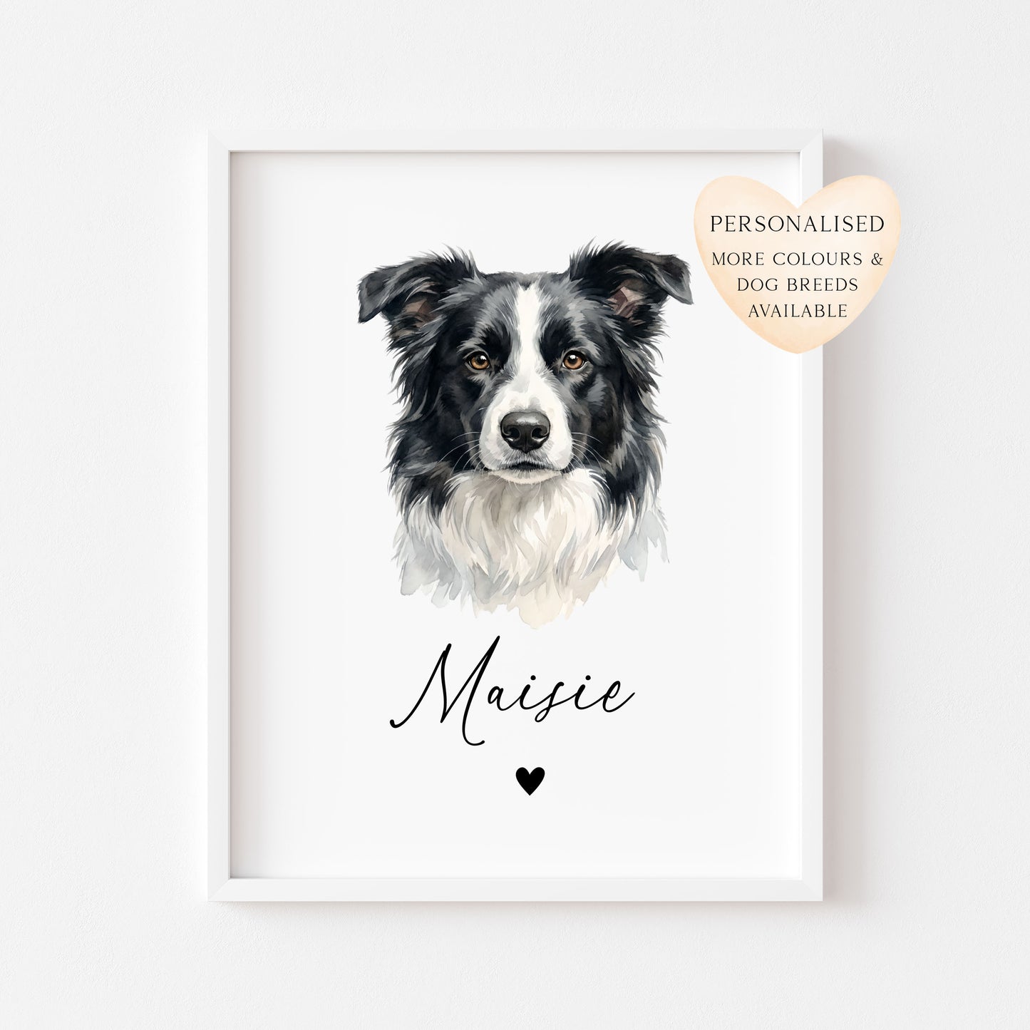 Personalised Border Collie Dog Print Custom Name Pet portrait watercolour unframed wall art poster