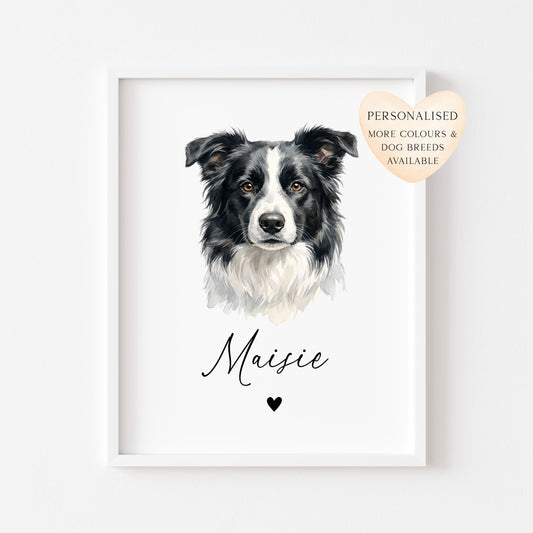 Personalised Border Collie Dog Print Custom Name Pet portrait watercolour unframed wall art poster