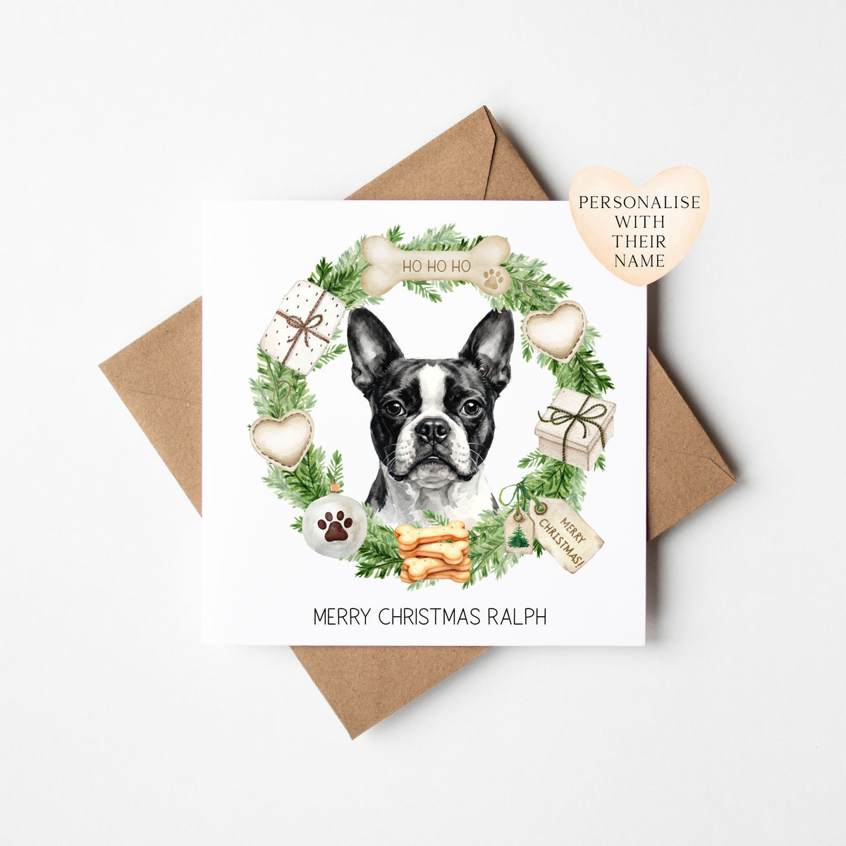 Personalised Dog Christmas card, Boston Terrier custom pet name xmas card