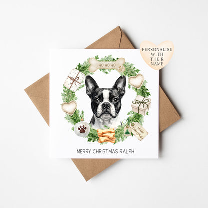 Personalised Dog Christmas card, Boston Terrier custom pet name xmas card