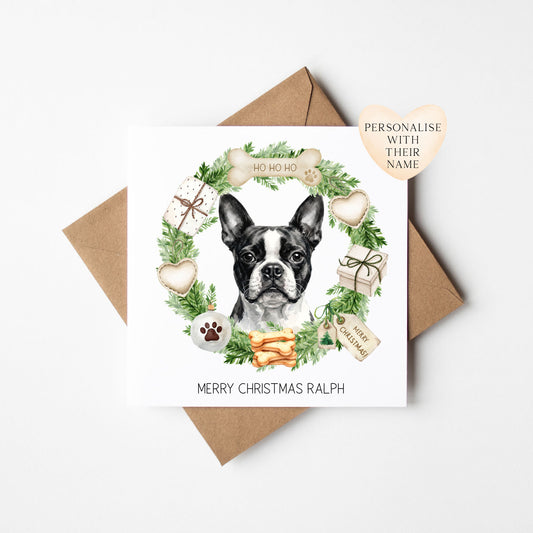Personalised Dog Christmas card, Boston Terrier custom pet name xmas card
