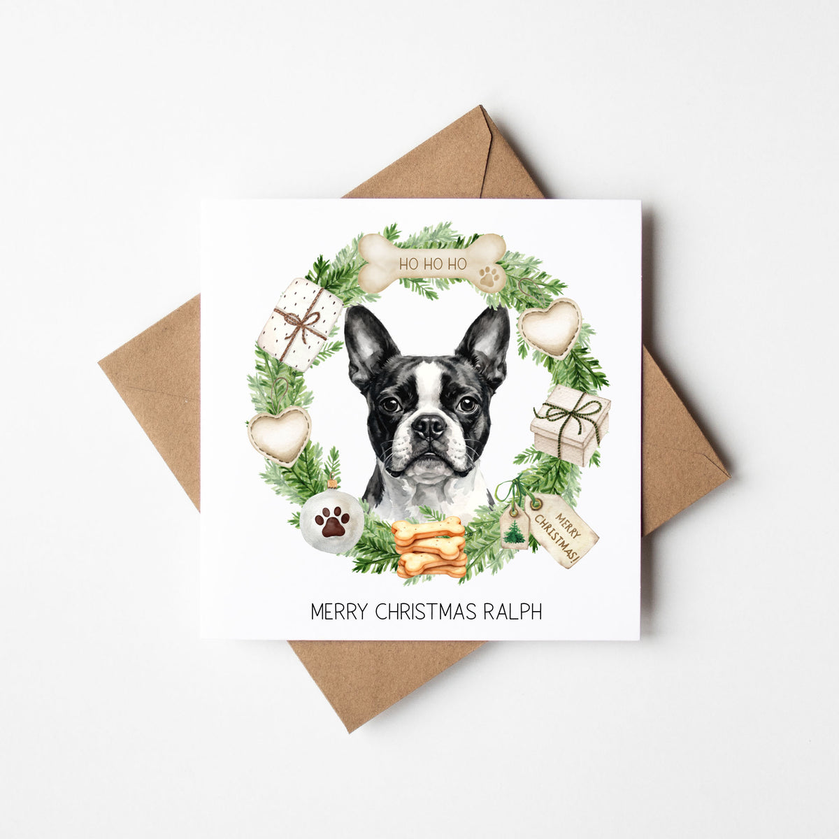 Personalised Dog Christmas card, Boston Terrier custom pet name xmas card