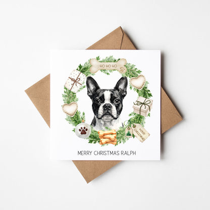 Personalised Dog Christmas card, Boston Terrier custom pet name xmas card