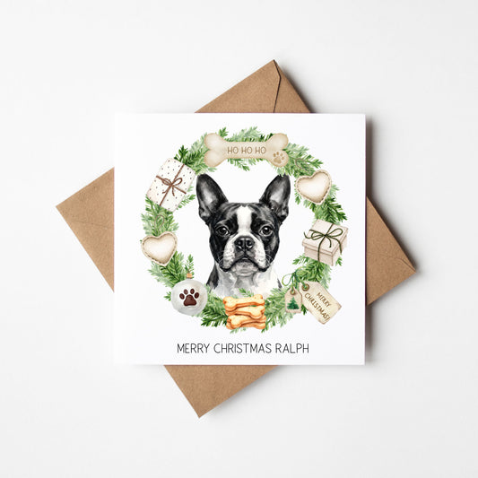 Personalised Dog Christmas card, Boston Terrier custom pet name xmas card