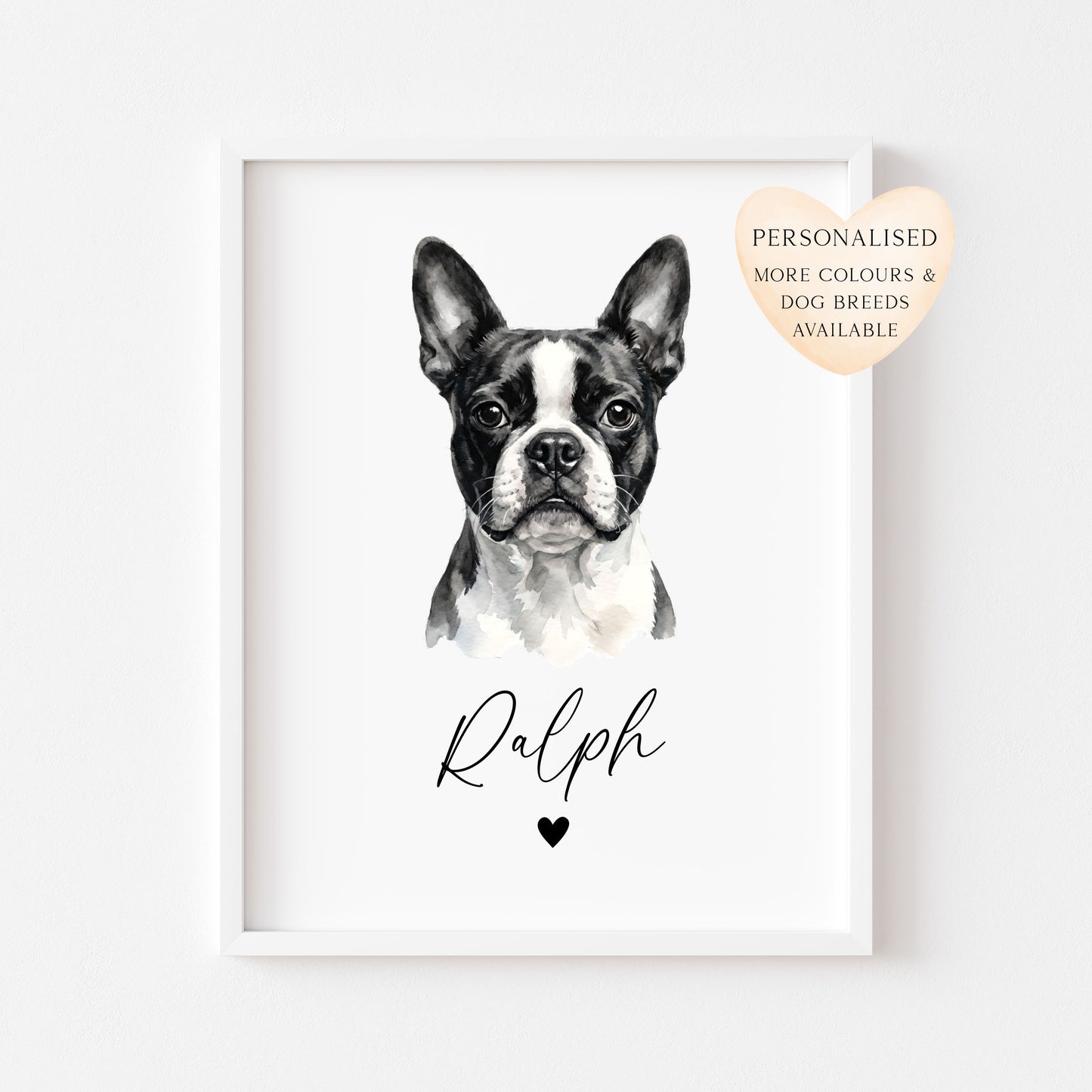 Personalised Boston Terrier Dog Print Custom Name Pet portrait watercolour unframed wall art