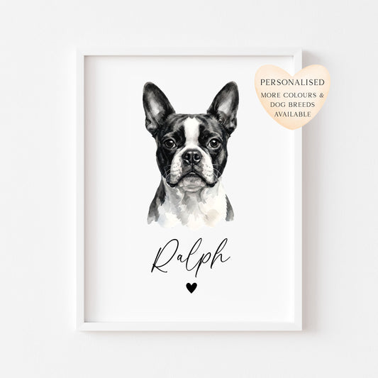 Personalised Boston Terrier Dog Print Custom Name Pet portrait watercolour unframed wall art