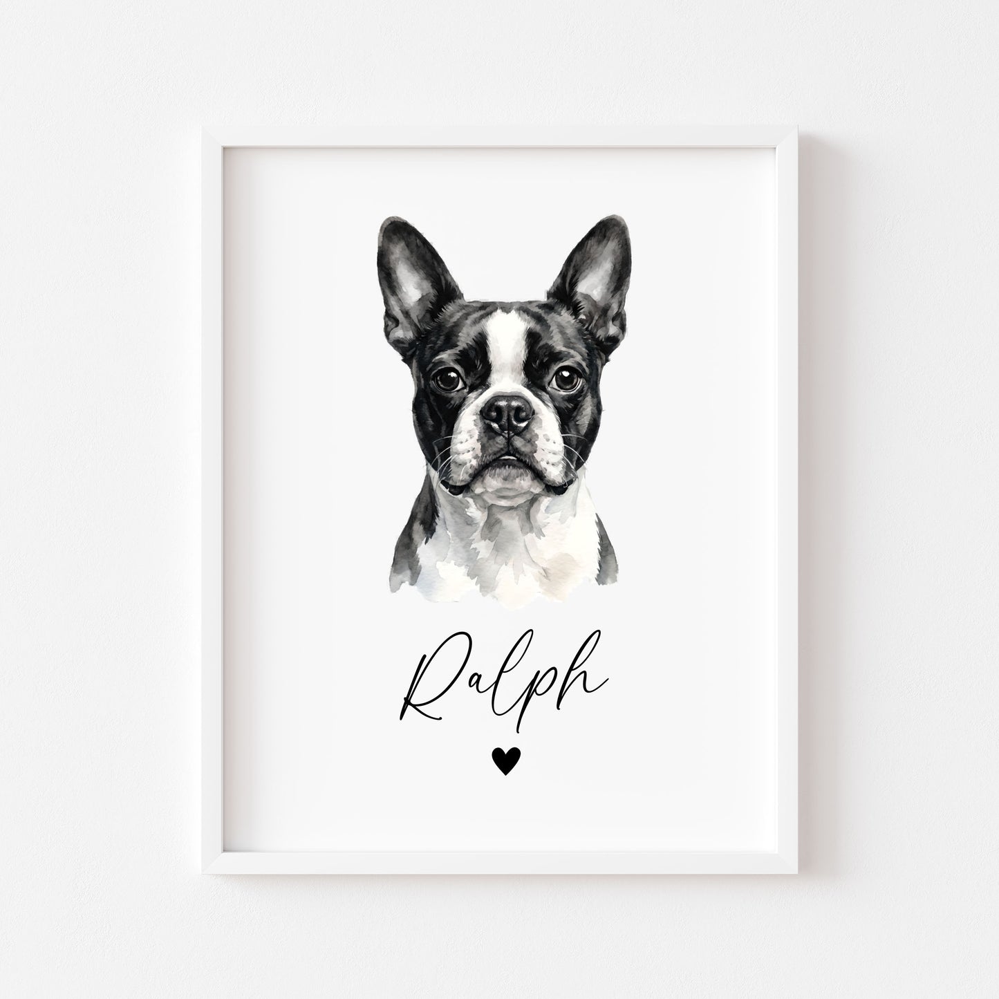 Personalised Boston Terrier Dog Print Custom Name Pet portrait watercolour unframed wall art