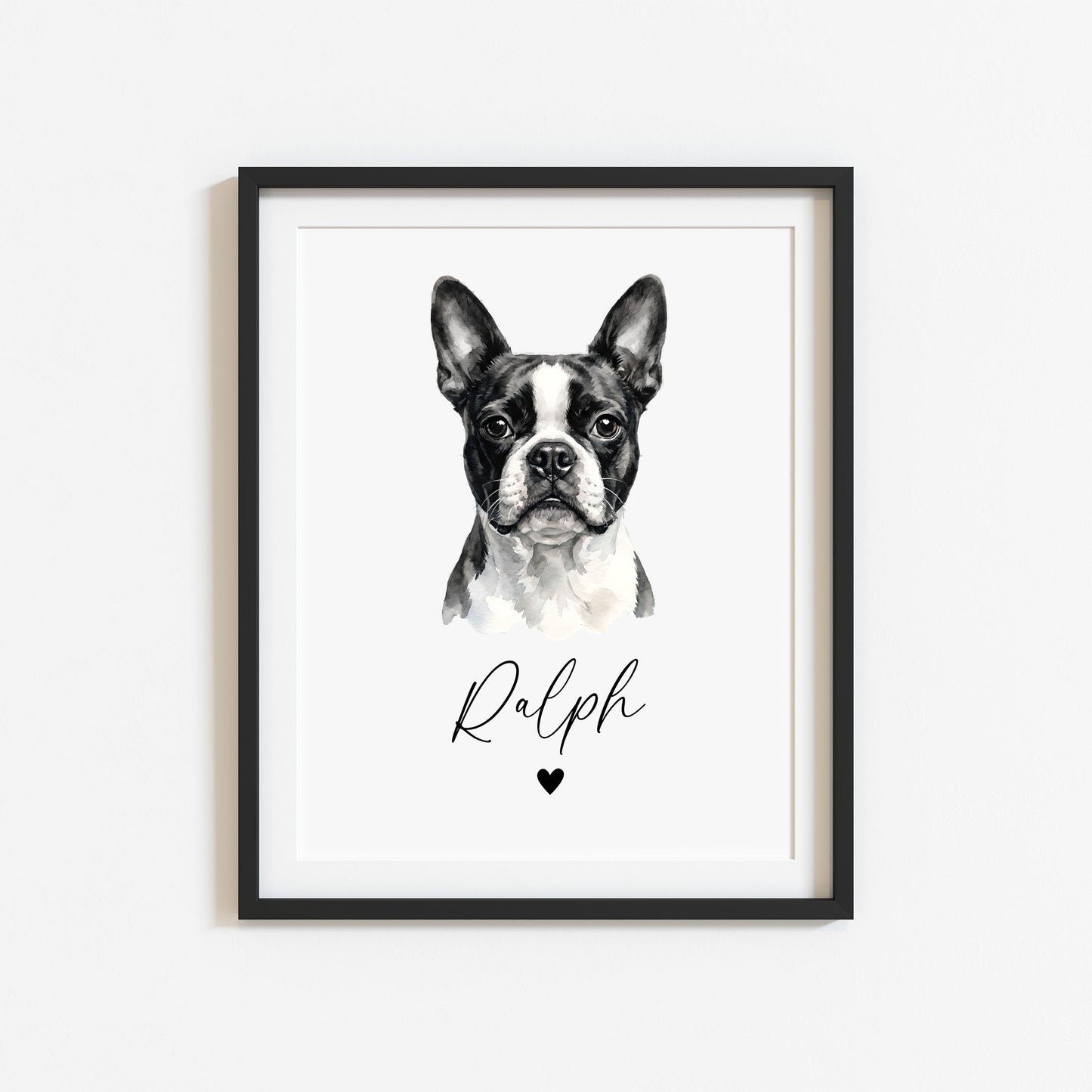 Personalised Boston Terrier Dog Print Custom Name Pet portrait watercolour unframed wall art