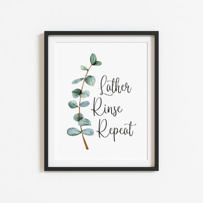 Lather rinse repeat green blue eucalyptus botanical stem watercolour bathroom toilet unframed wall art poster print