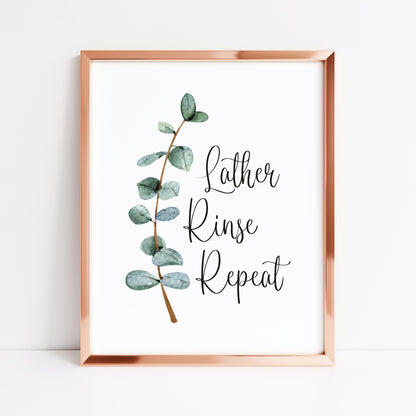 Lather rinse repeat green blue eucalyptus botanical stem watercolour bathroom toilet unframed wall art poster print