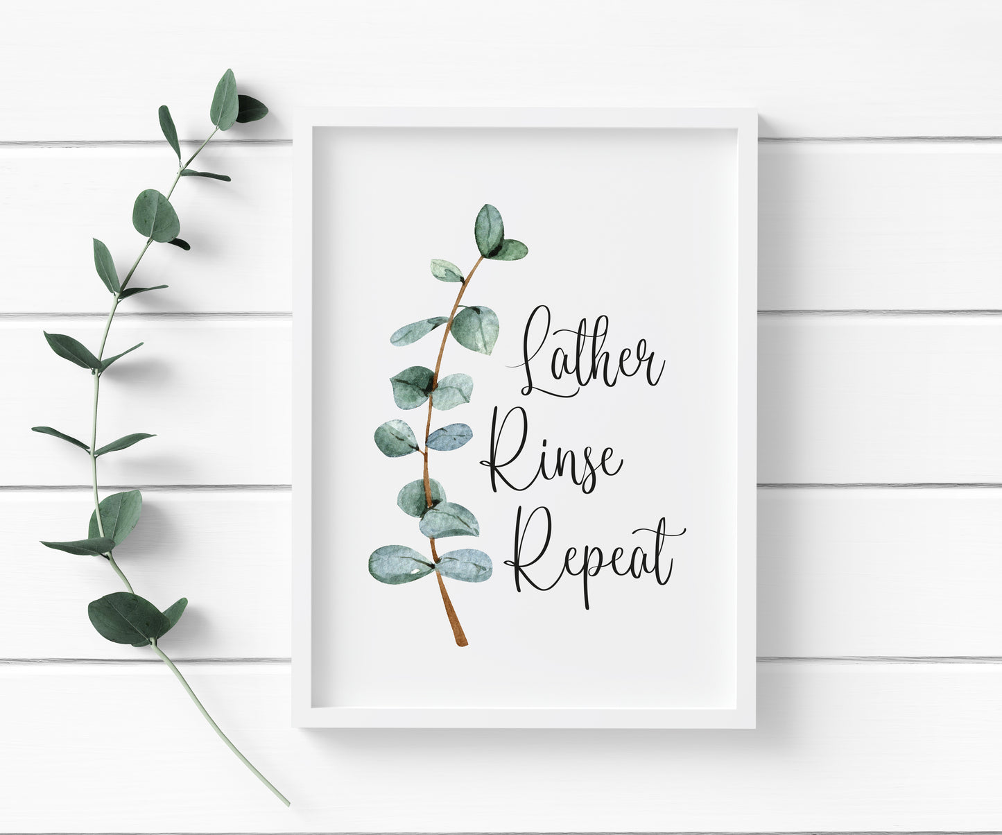 Lather rinse repeat green blue eucalyptus botanical stem watercolour bathroom toilet unframed wall art poster print
